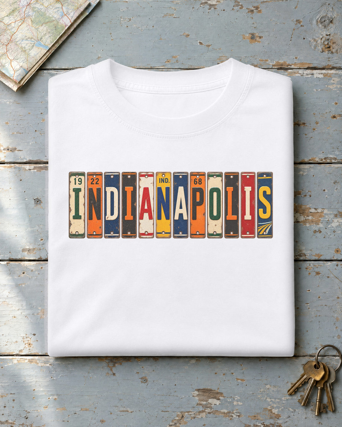 Indianapolis, Indiana vintage license plate t-shirt in White