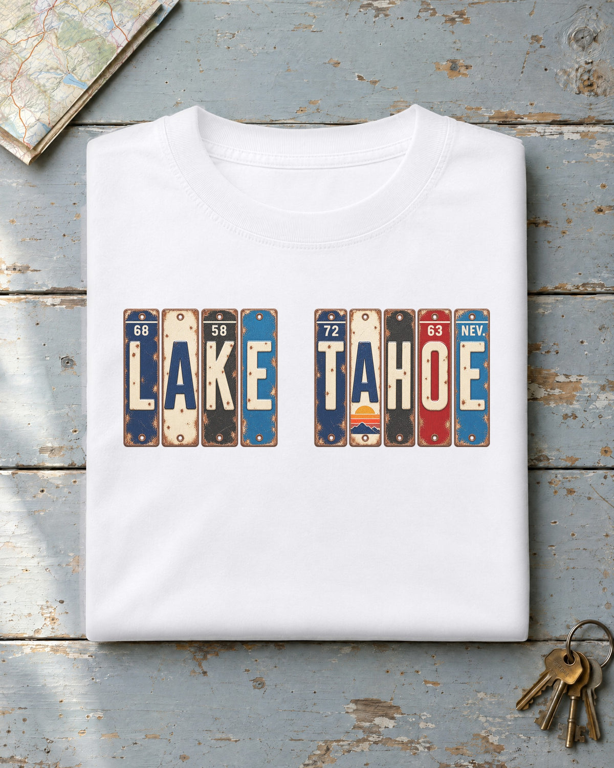 Lake Tahoe, Nevada vintage license plate t-shirt in White