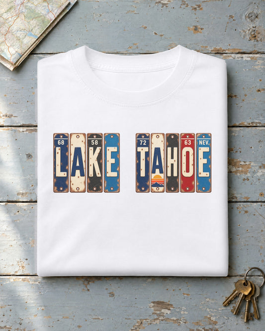 Lake Tahoe, Nevada vintage license plate t-shirt in White