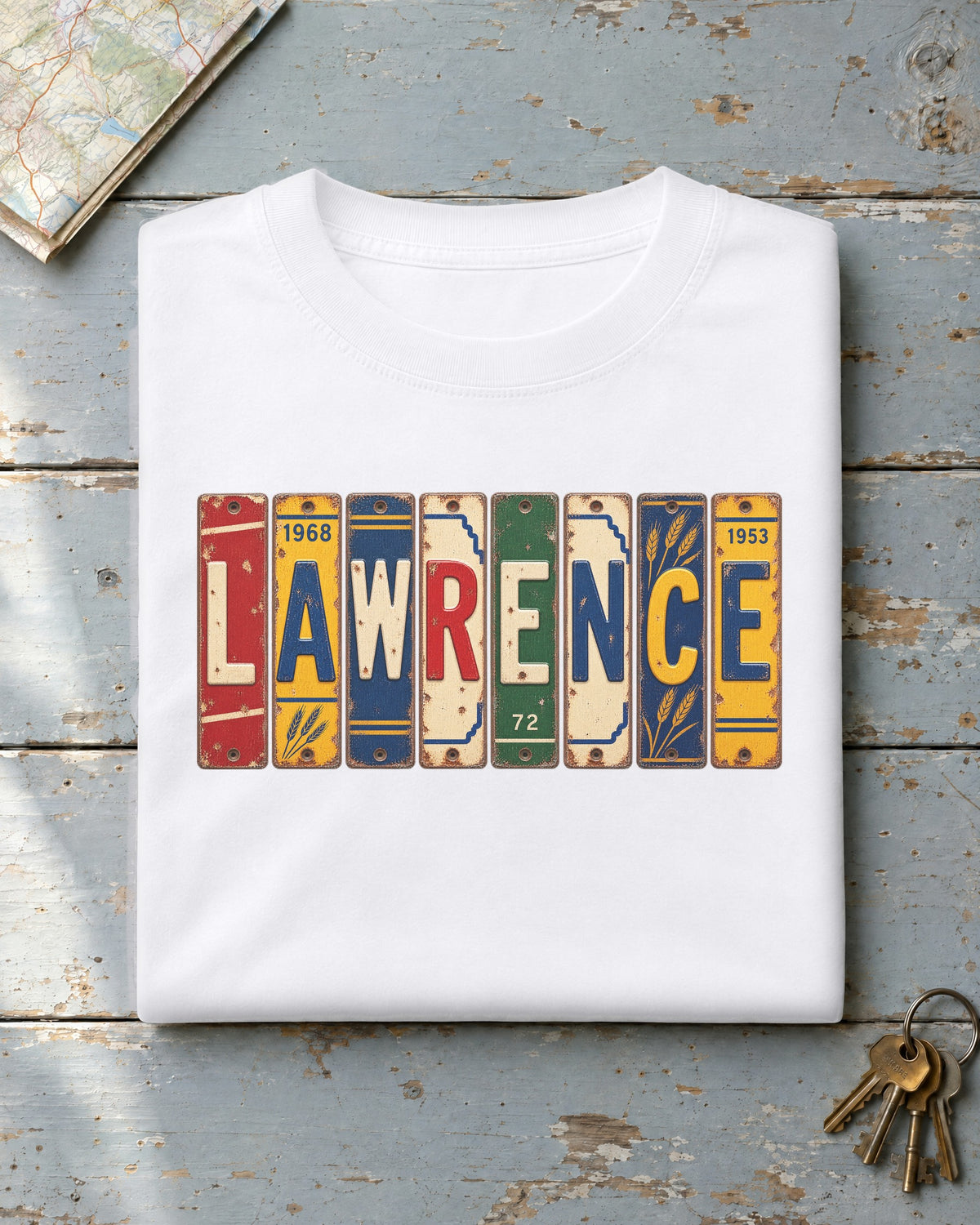 Lawrence, Kansas vintage license plate t-shirt in White