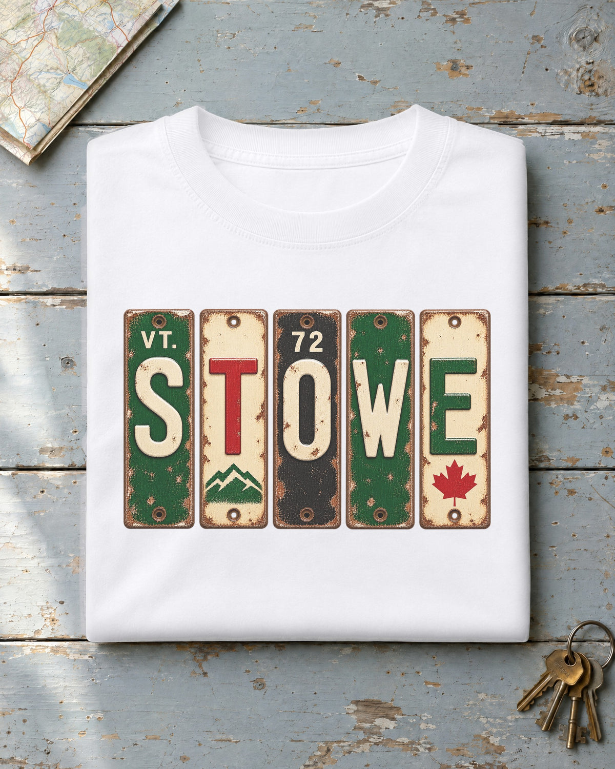 Stowe, Vermont vintage license plate t-shirt in White