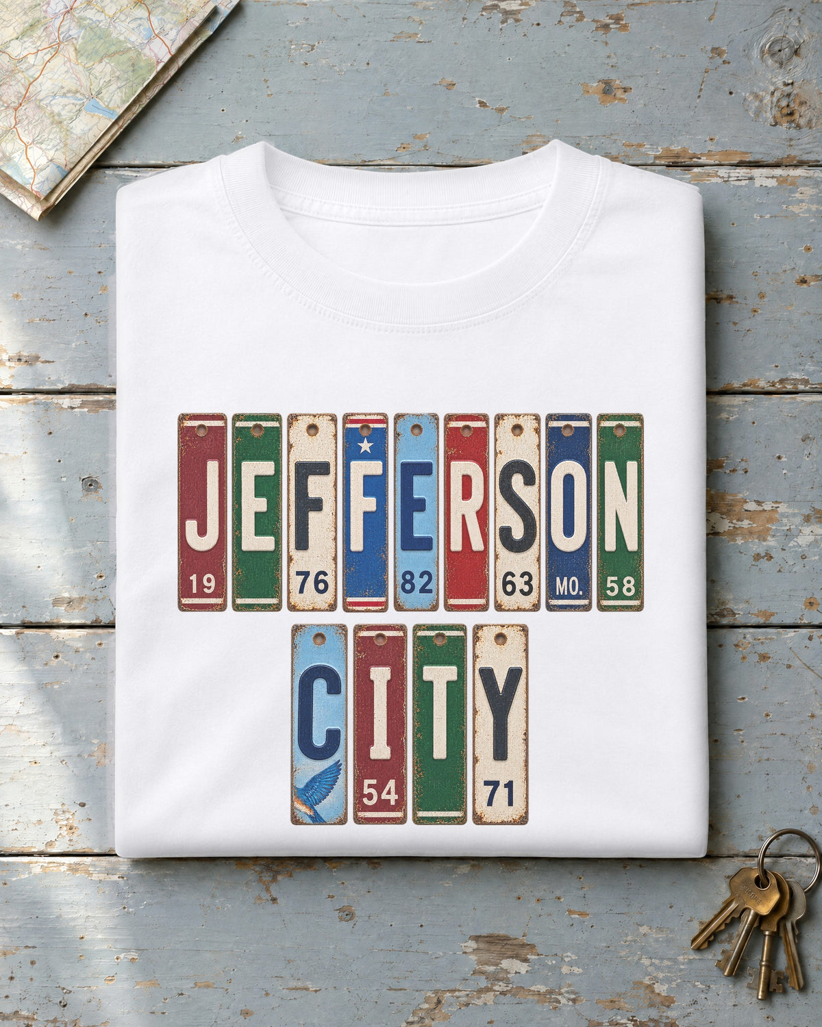 Jefferson City, Missouri vintage license plate t-shirt in White