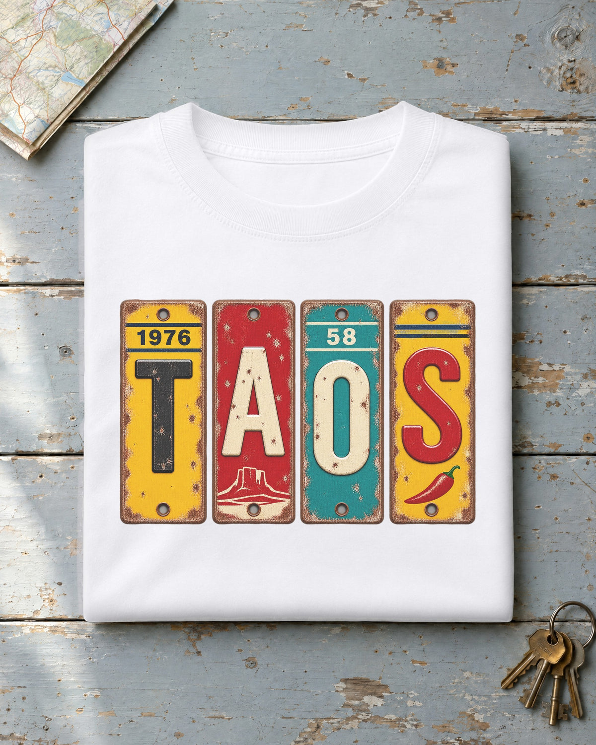 Taos, New Mexico vintage license plate t-shirt in White