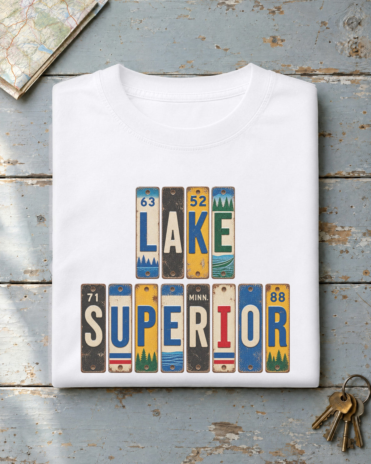 Lake Superior, Minnesota vintage license plate t-shirt in White