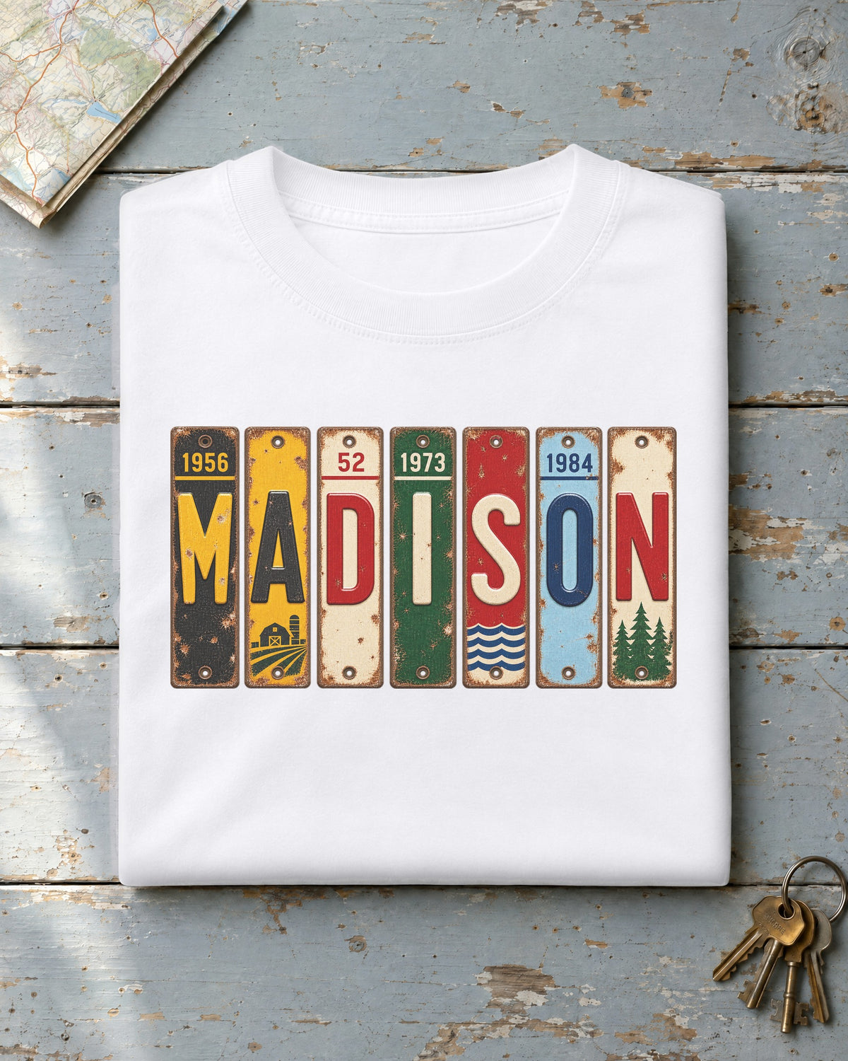 Madison, Wisconsin vintage license plate t-shirt in White