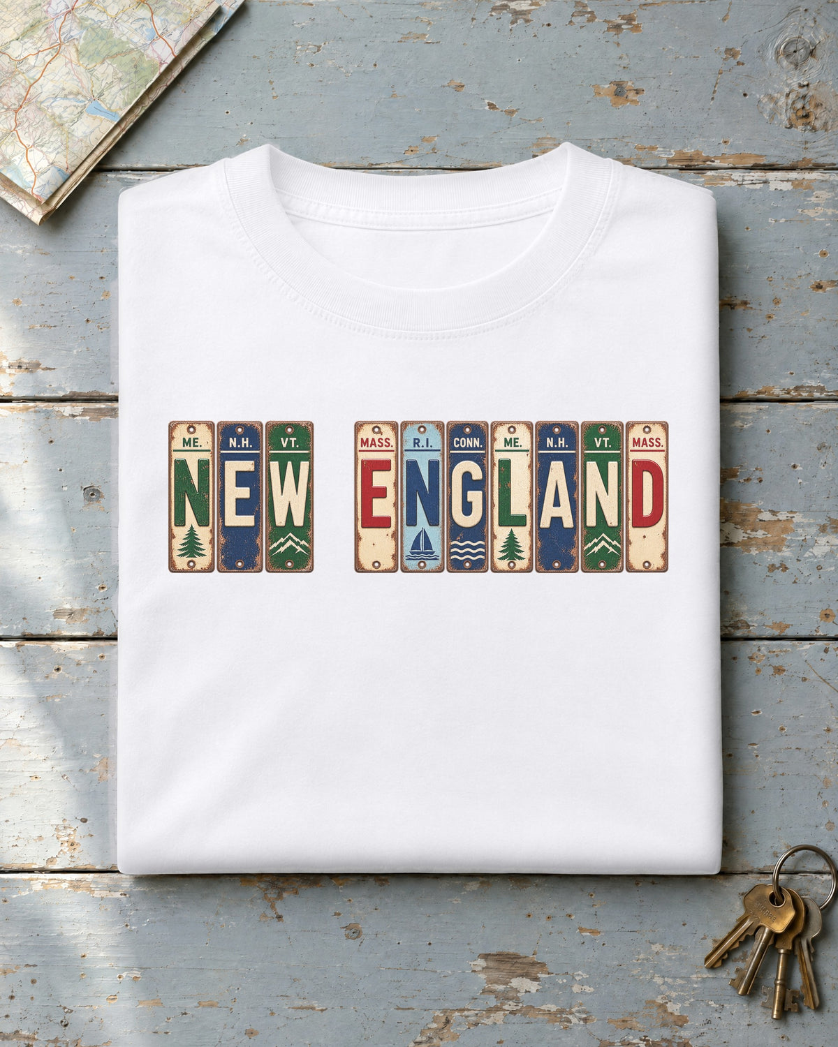 New England vintage license plate t-shirt in White