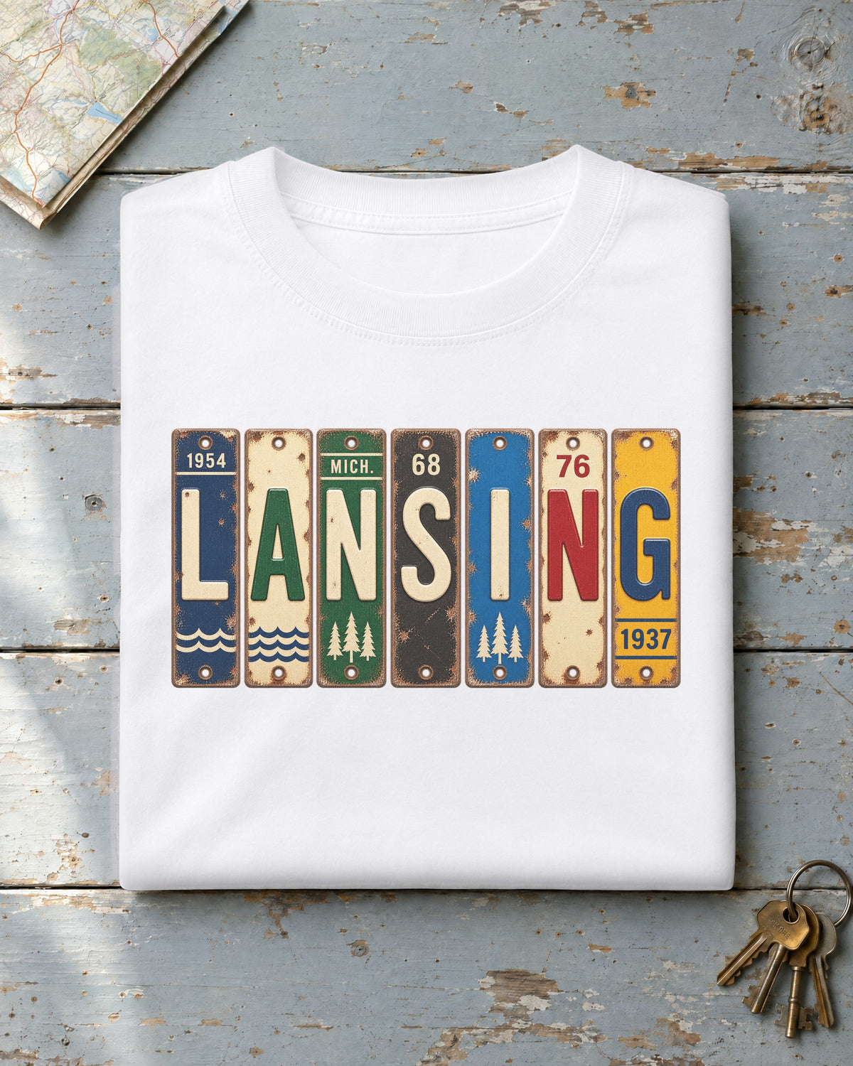 Lansing, Michigan vintage license plate t-shirt in White