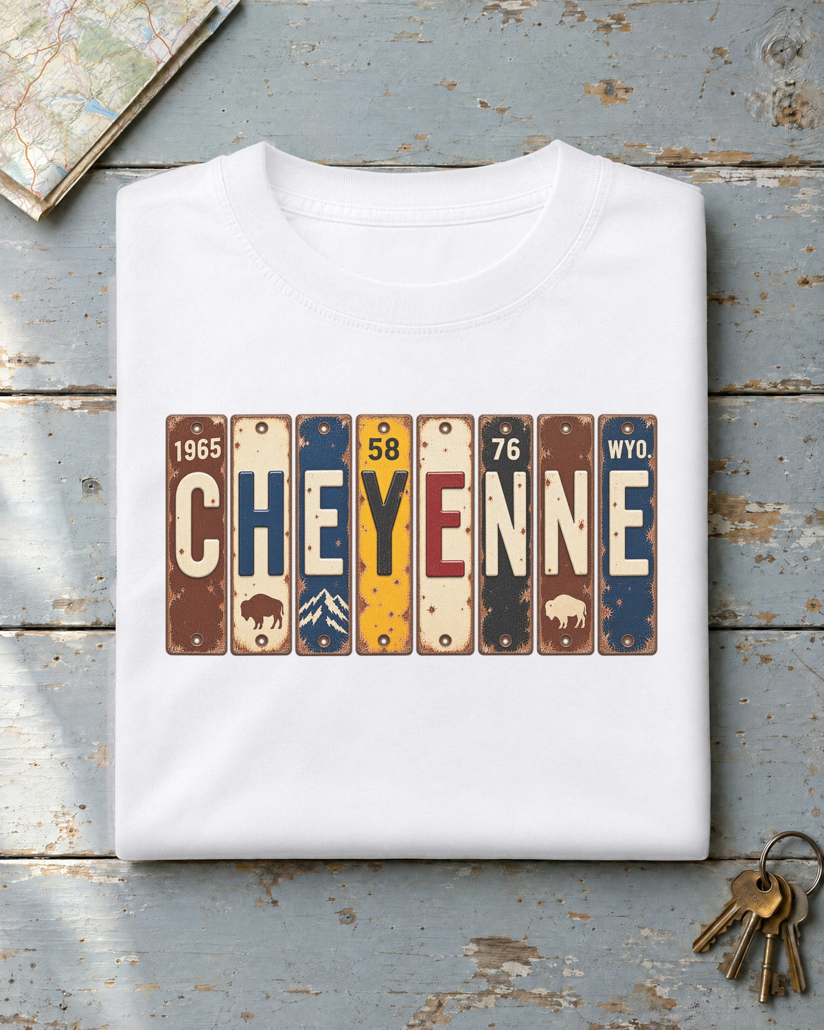Cheyenne, Wyoming vintage license plate t-shirt in White