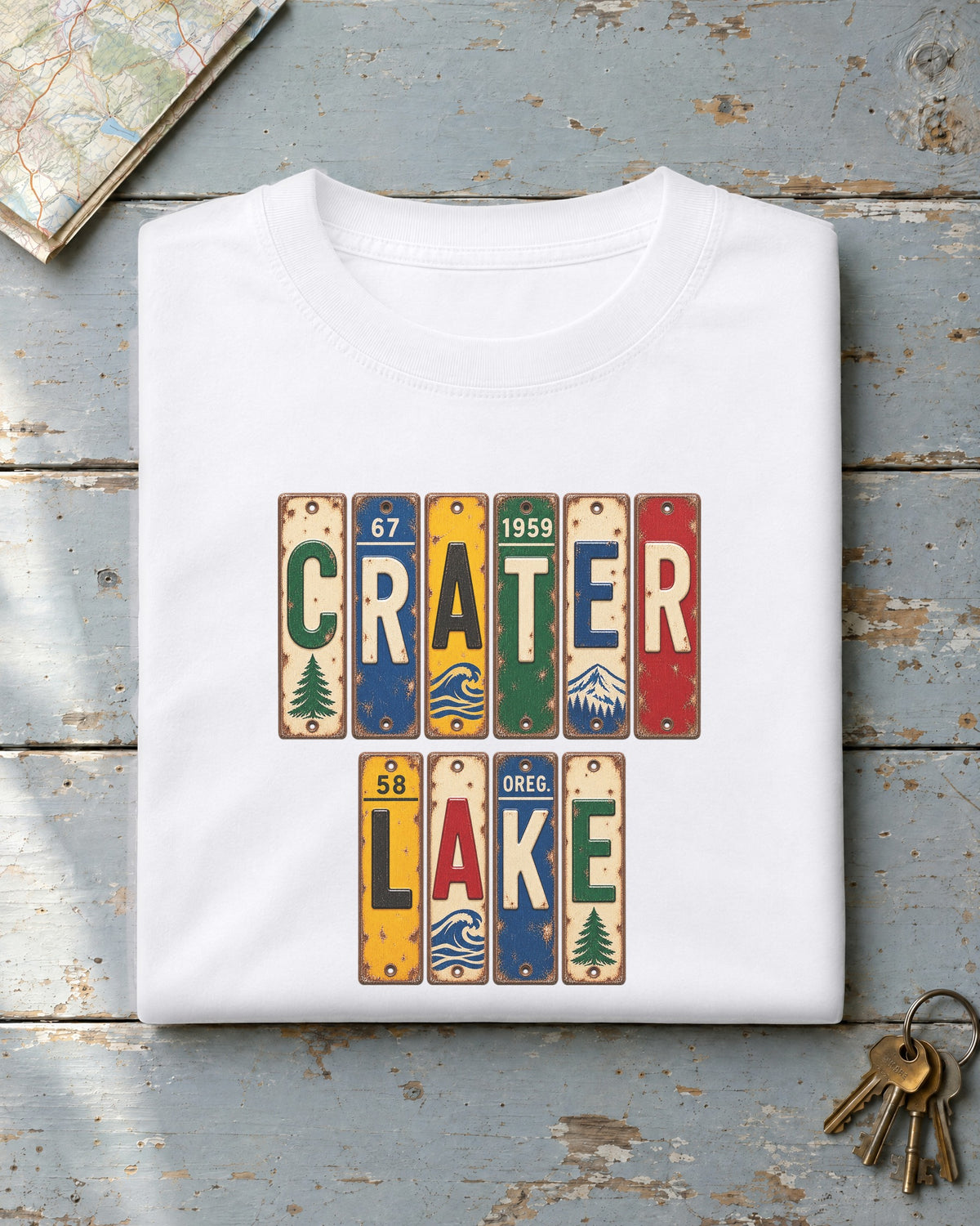 Crater Lake, Oregon vintage license plate t-shirt in White