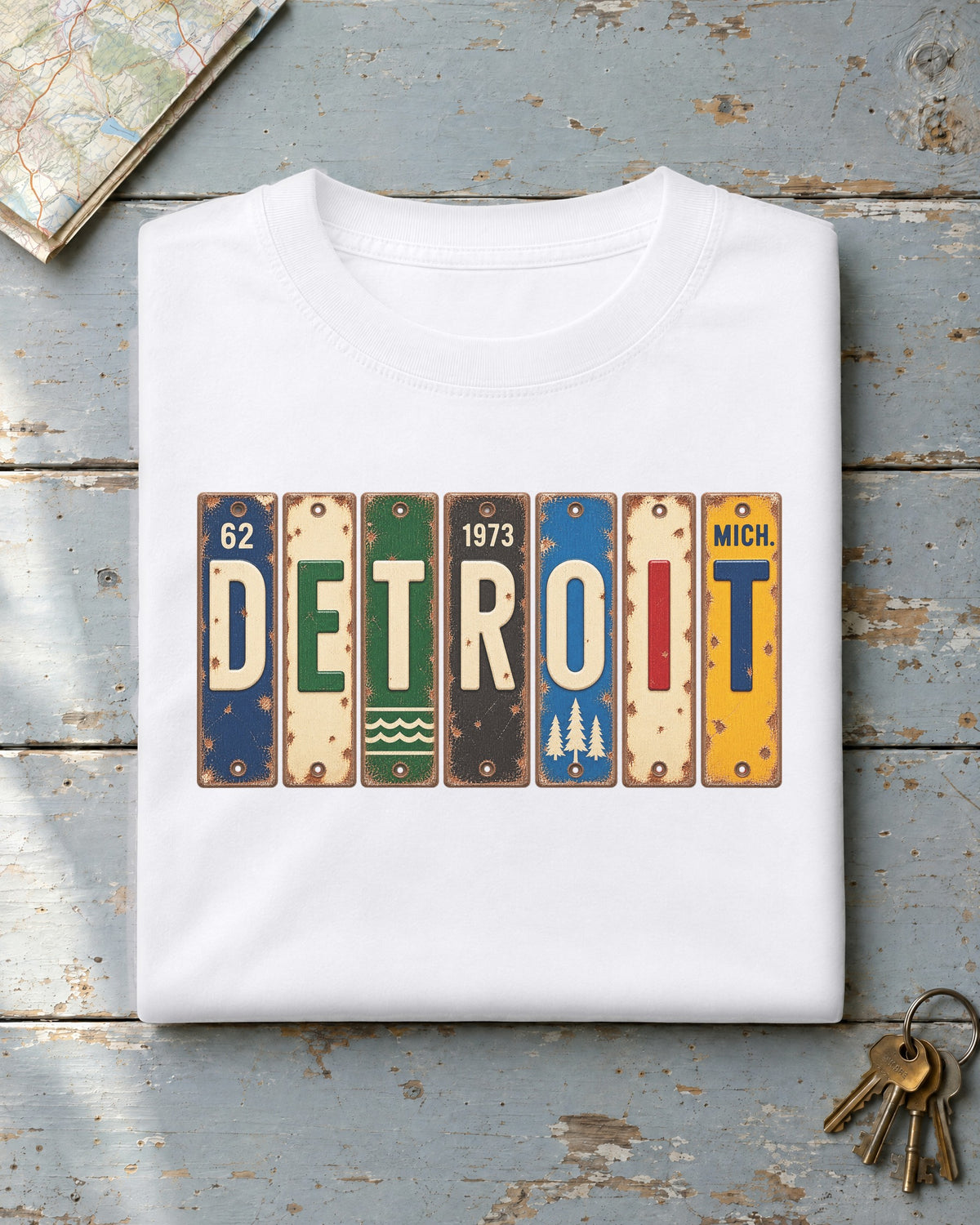 Detroit, Michigan vintage license plate t-shirt in White