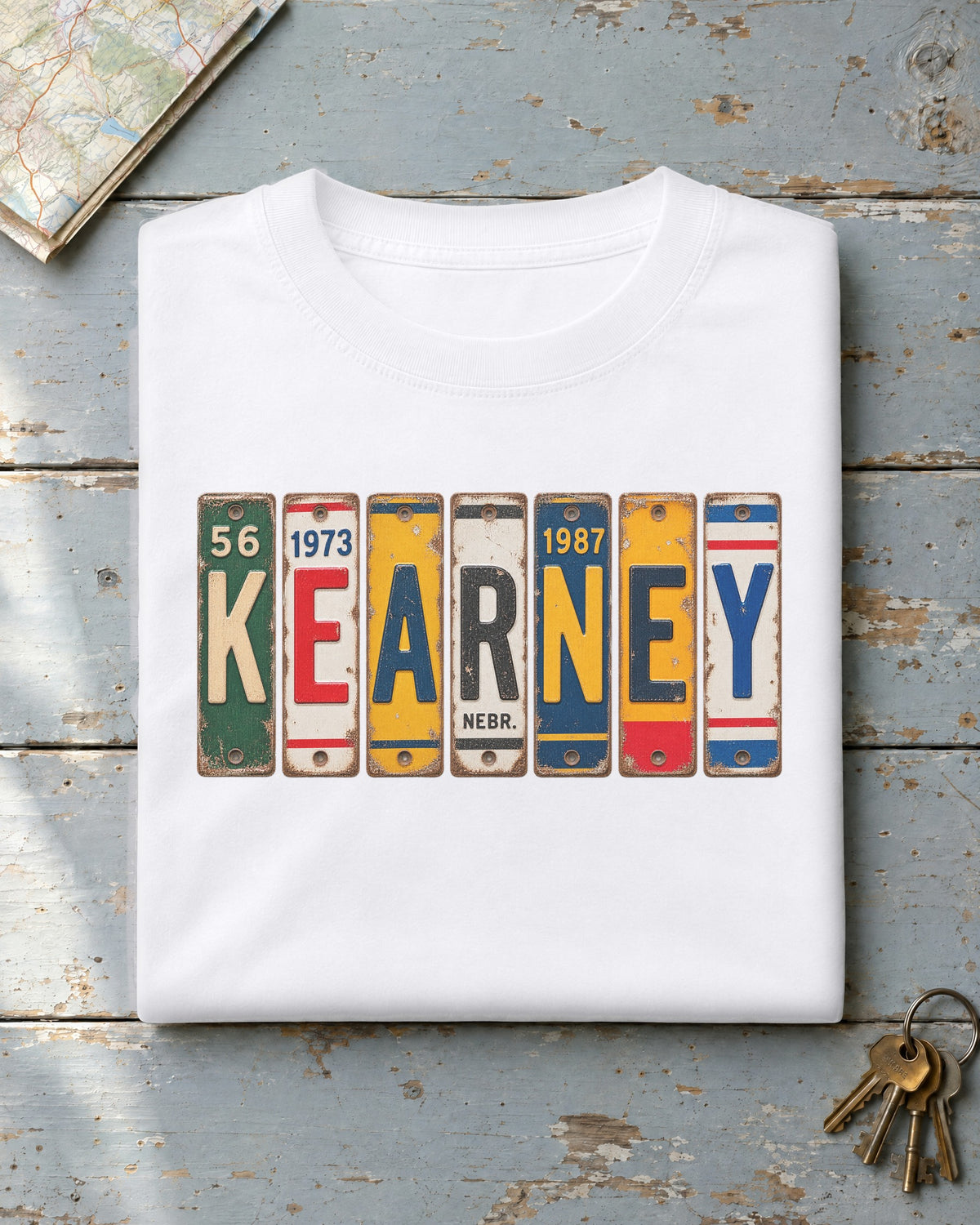 Kearney, Nebraska vintage license plate t-shirt in White