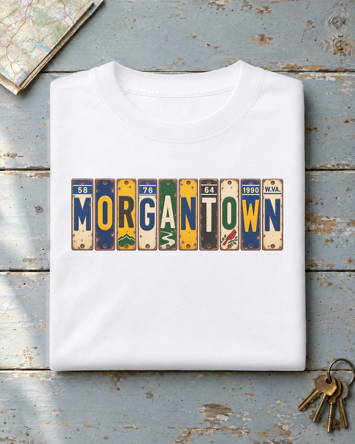 Morgantown, West Virginia vintage license plate t-shirt in White
