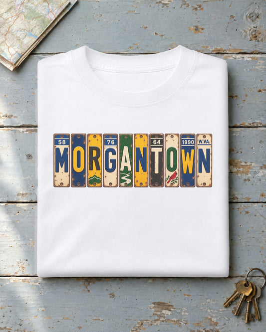 Morgantown, West Virginia vintage license plate t-shirt in White