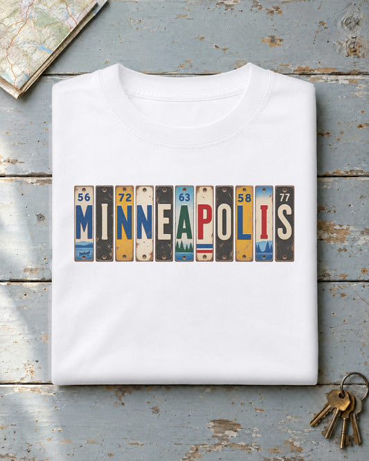 Minneapolis, Minnesota vintage license plate t-shirt in White