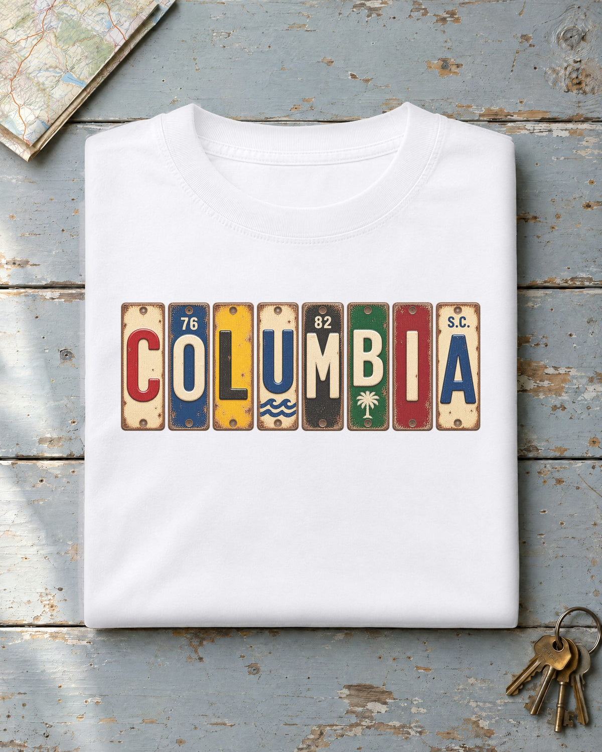 Columbia, South Carolina vintage license plate t-shirt in White