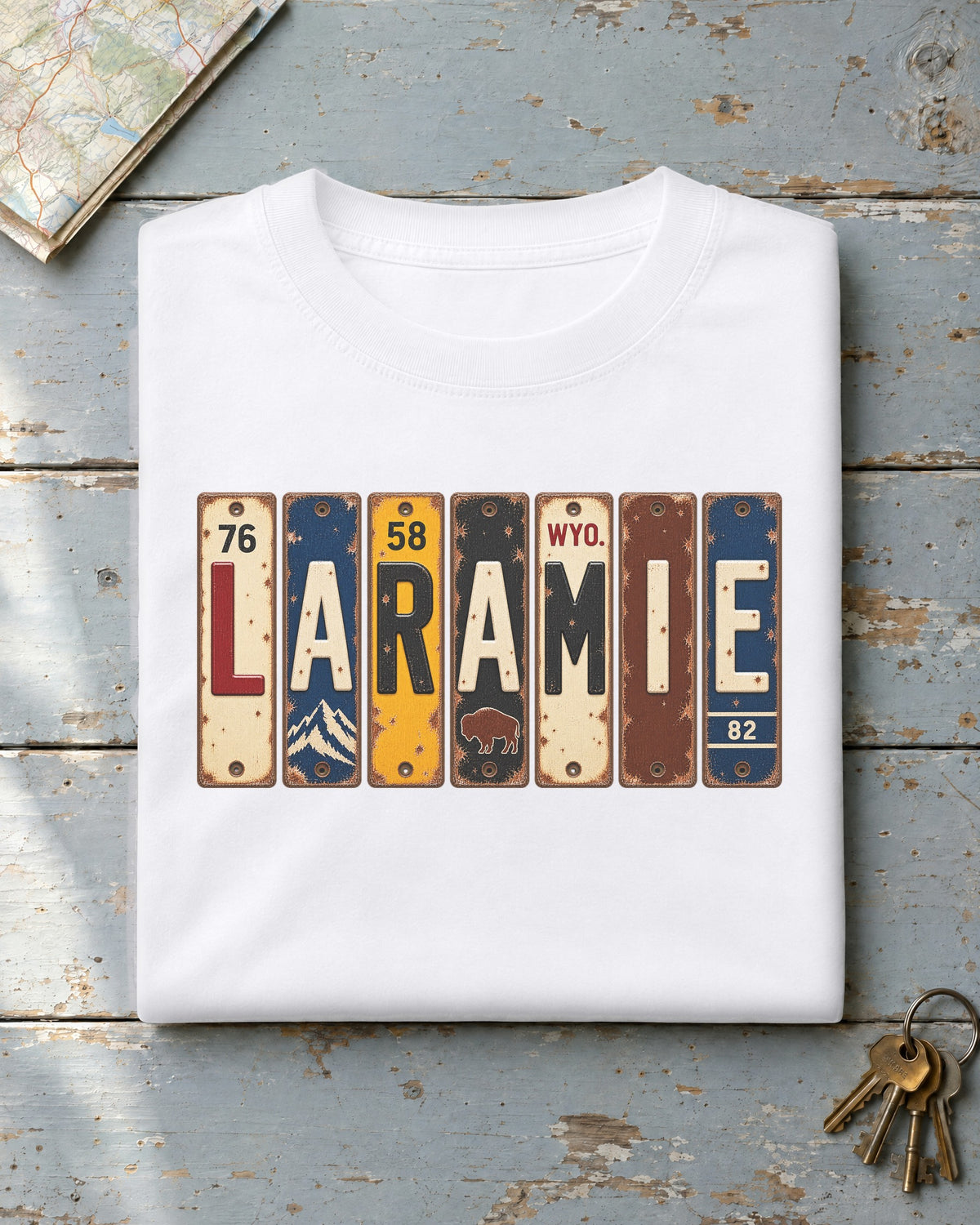 Laramie, Wyoming vintage license plate t-shirt in White