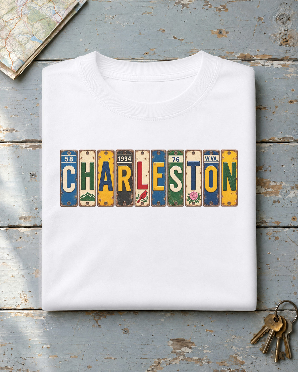 Charleston, West Virginia vintage license plate t-shirt in White