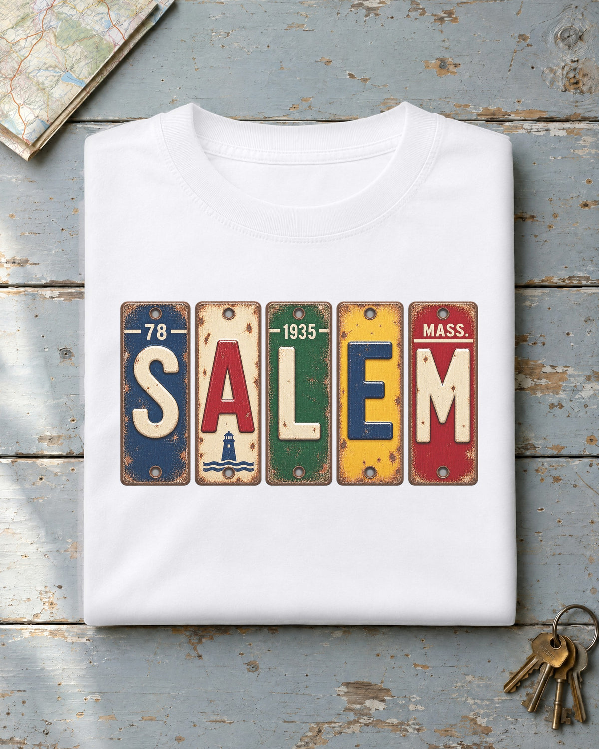 Salem, Massachusetts vintage license plate t-shirt in White
