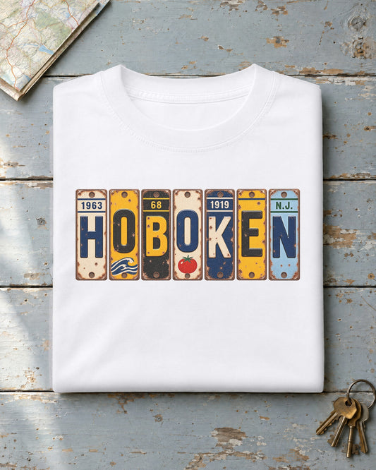 Hoboken, New Jersey vintage license plate t-shirt in White