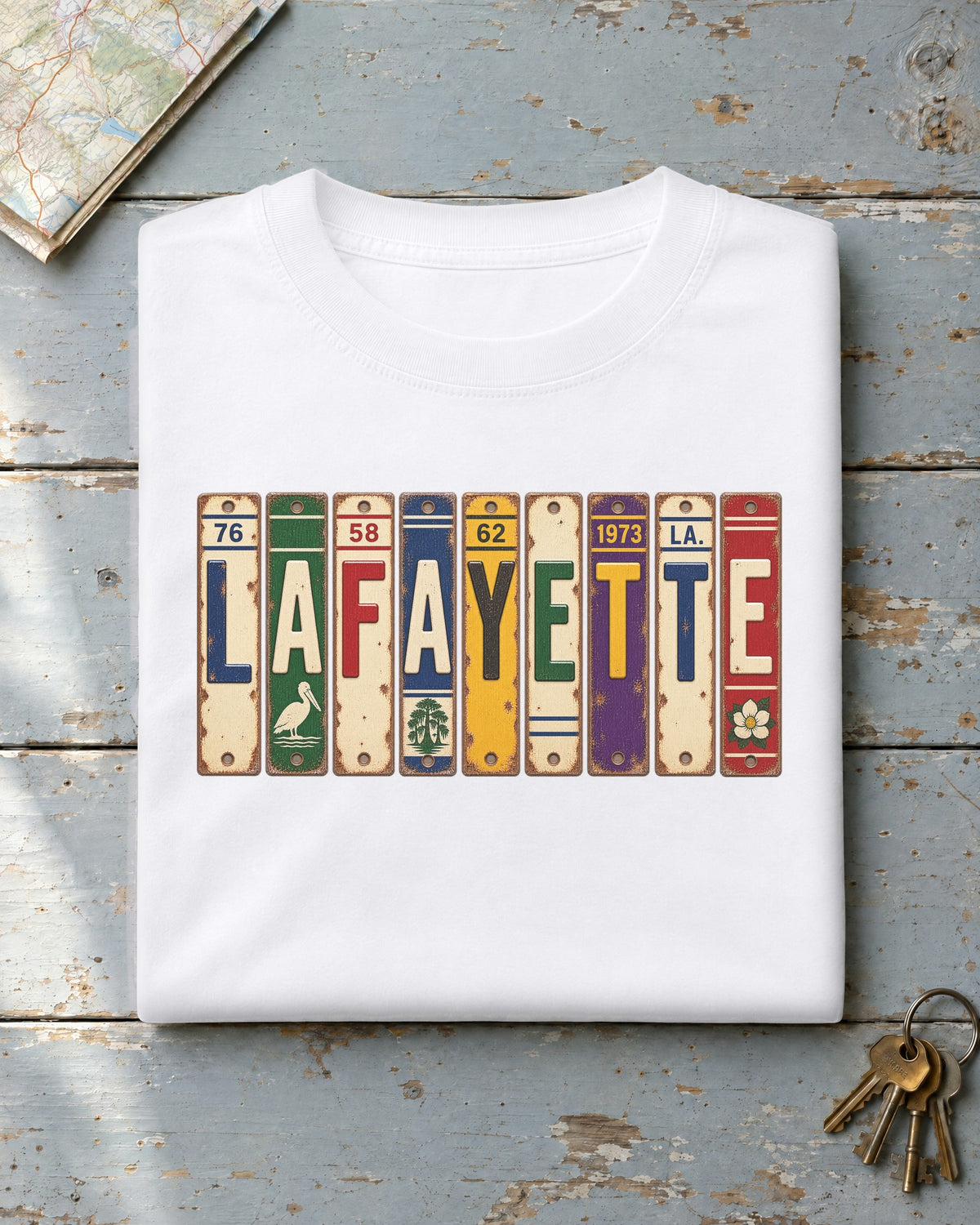 Lafayette, Louisiana vintage license plate t-shirt in White