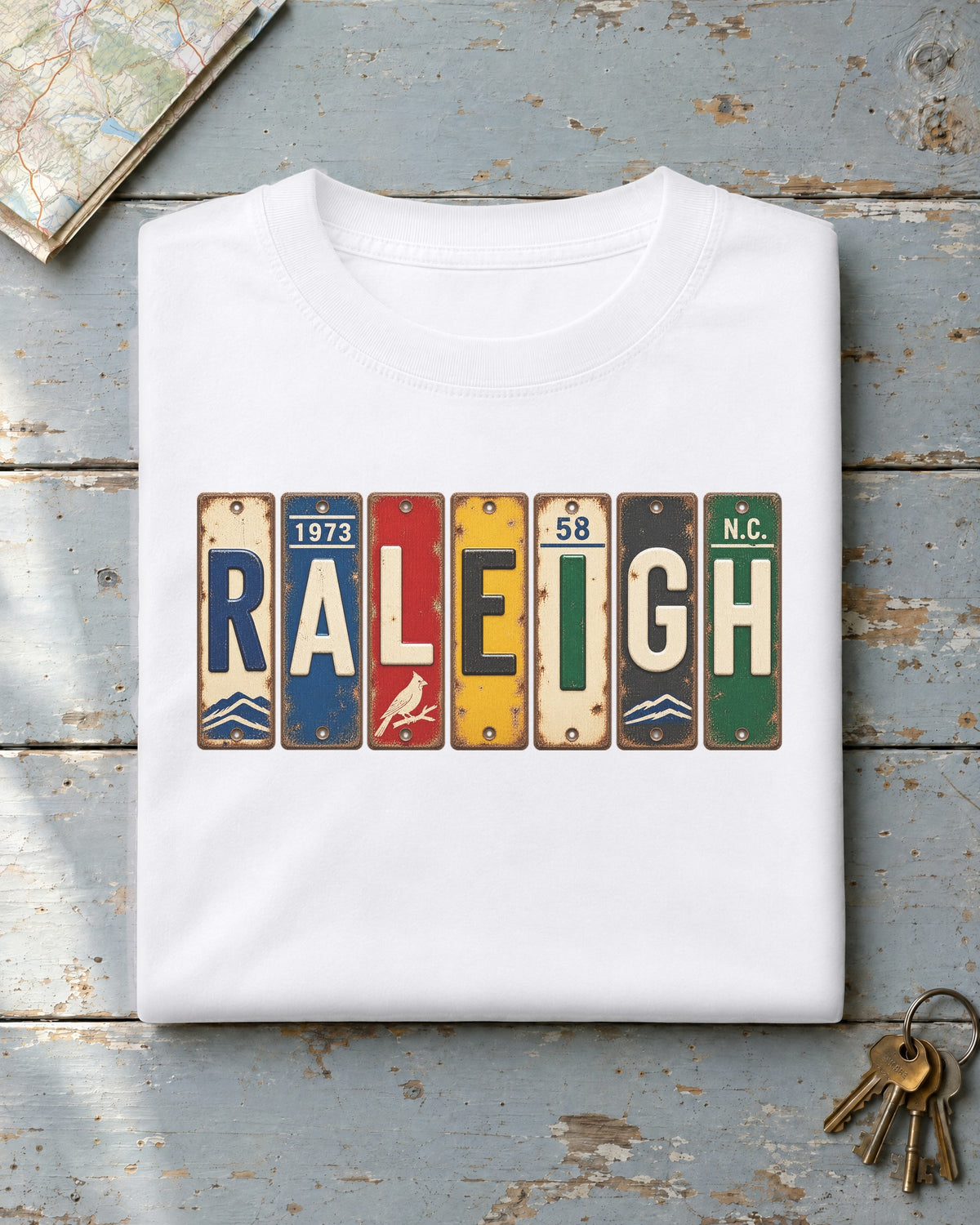 Raleigh, North Carolina vintage license plate t-shirt in White