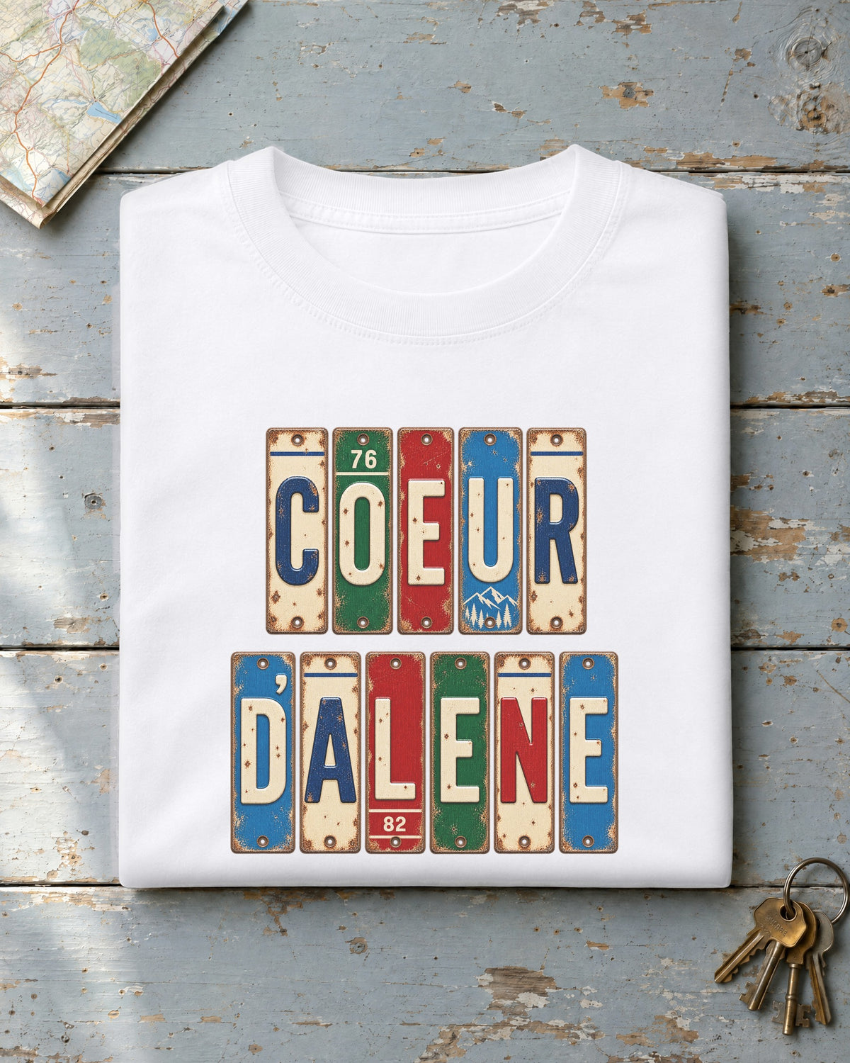 Coeur d'Alene, Idaho vintage license plate t-shirt in White