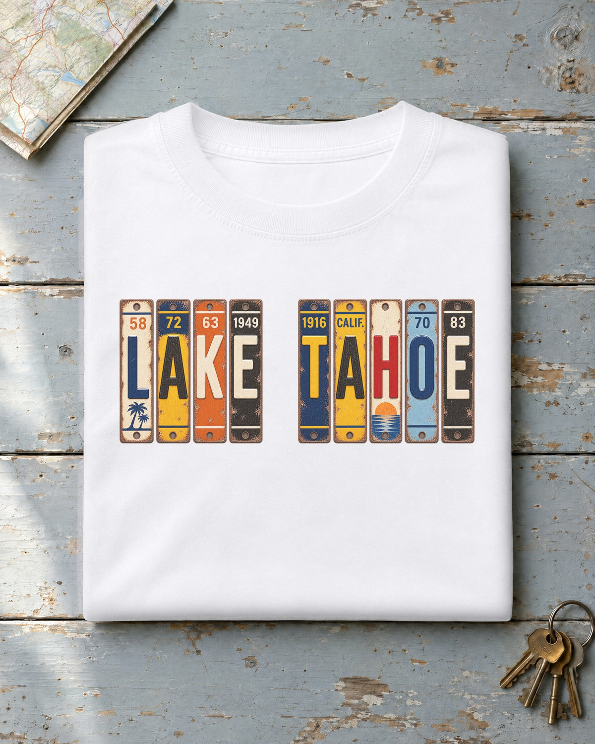 Lake Tahoe, California vintage license plate t-shirt in White