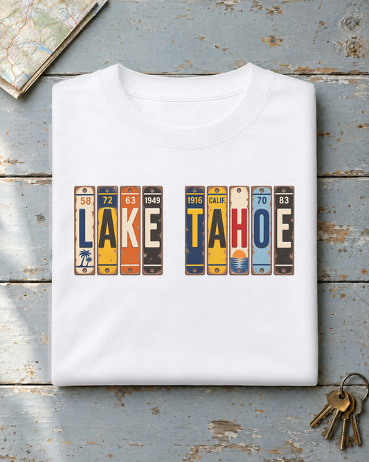 Lake Tahoe, California vintage license plate t-shirt in White