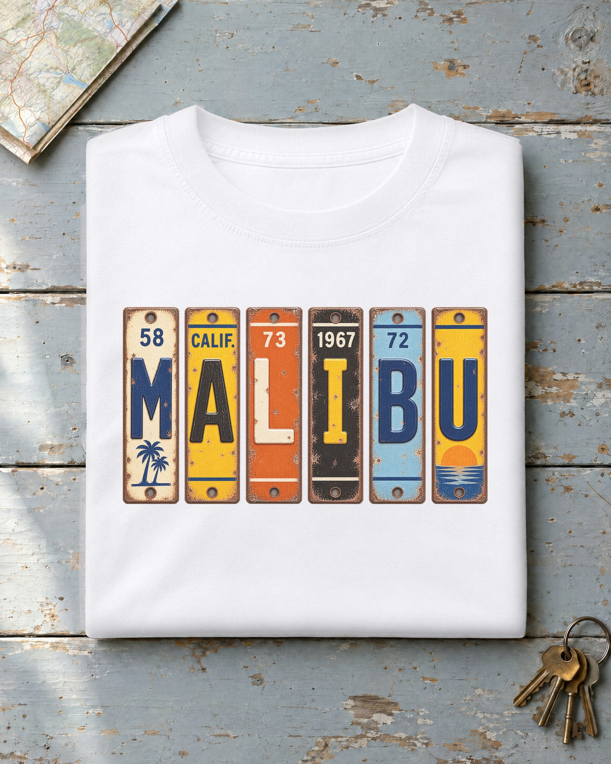 Malibu, California vintage license plate t-shirt in White