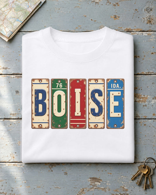 Boise, Idaho vintage license plate t-shirt in White