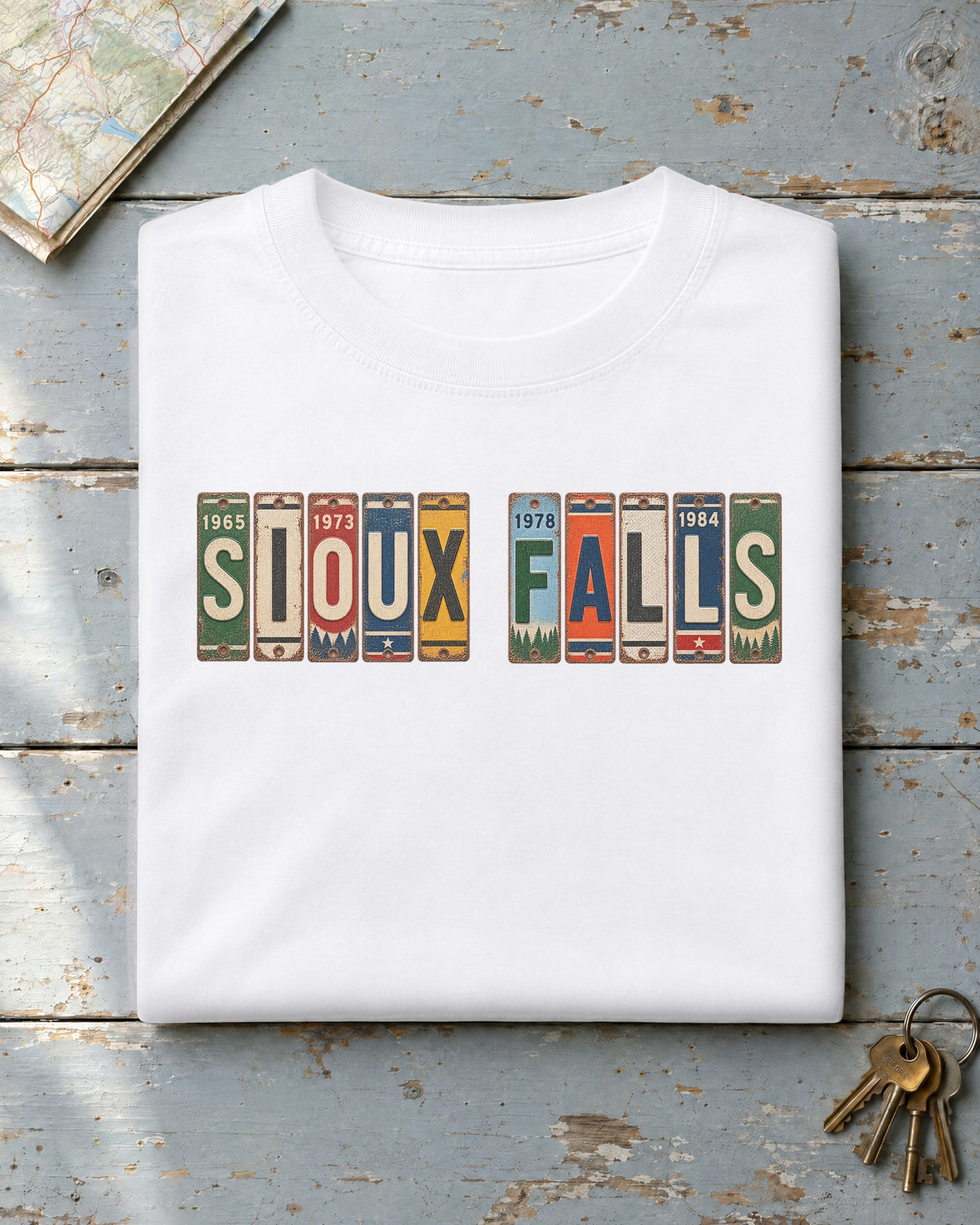 Sioux Falls, South Dakota vintage license plate t-shirt in White