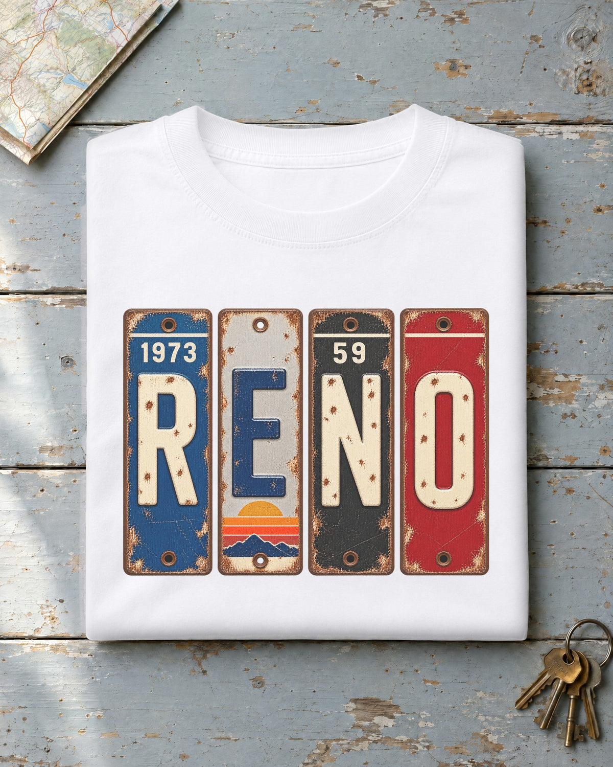 Reno, Nevada vintage license plate t-shirt in White