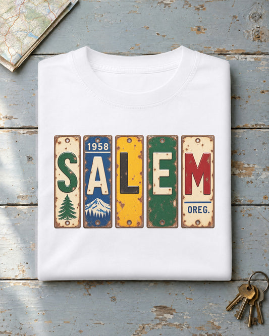 Salem, Oregon vintage license plate t-shirt in White