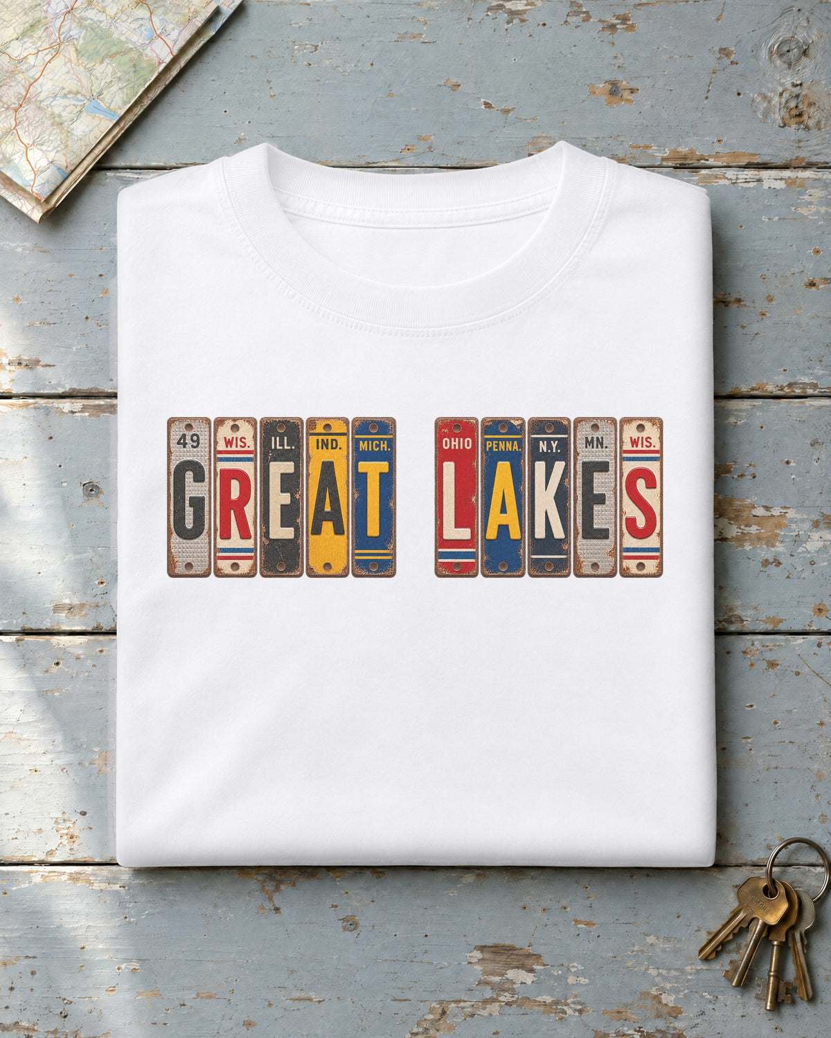 Great Lakes vintage license plate t-shirt in White