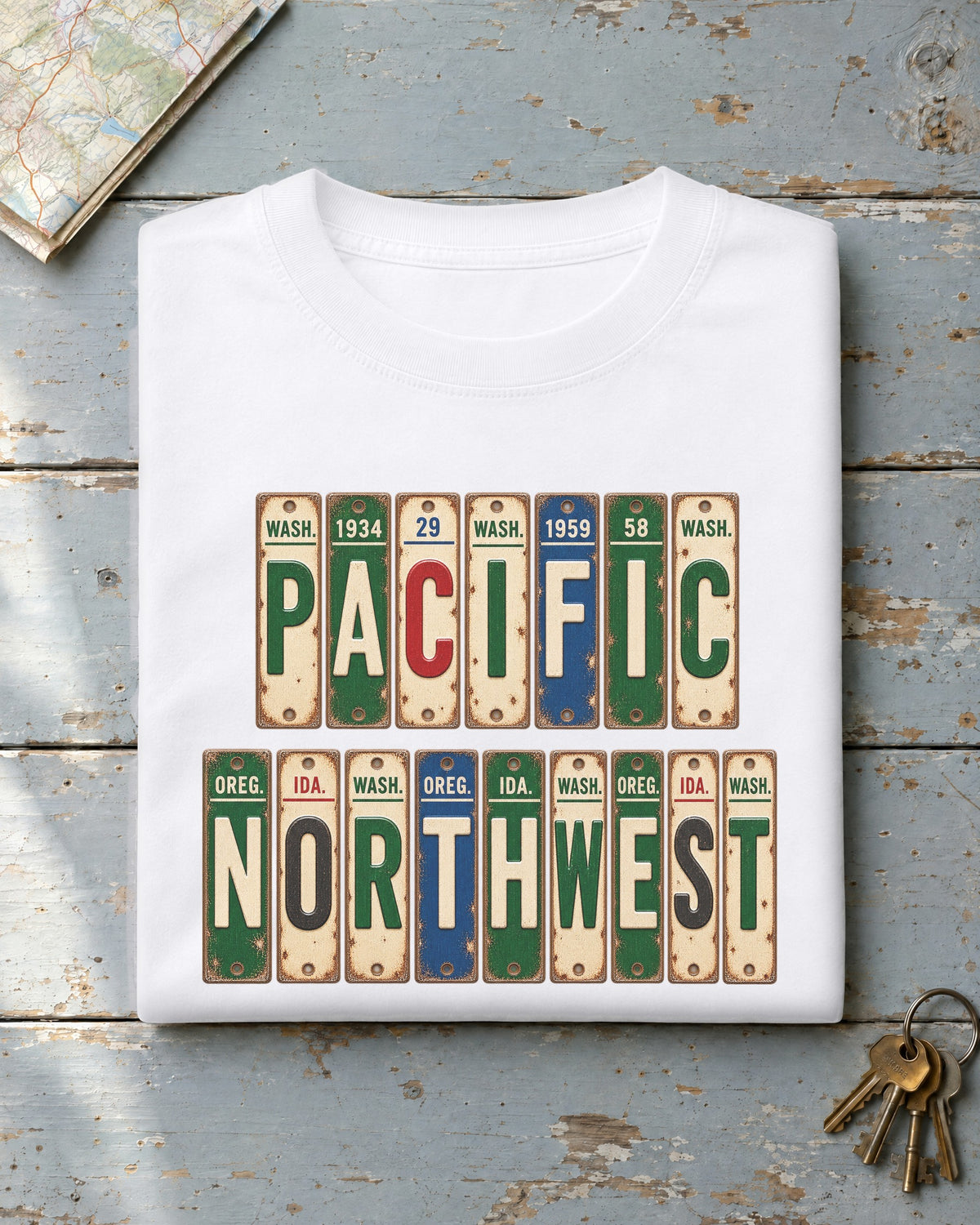 Pacific Northwest vintage license plate t-shirt in White