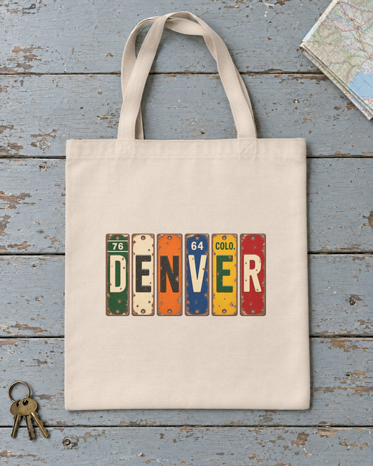 Denver, Colorado vintage license plate tote bag in Natural