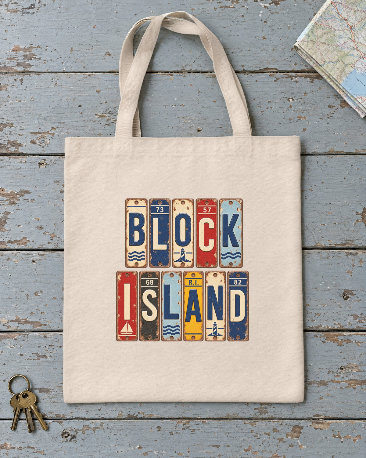 Block Island, Rhode Island vintage license plate tote bag in Natural