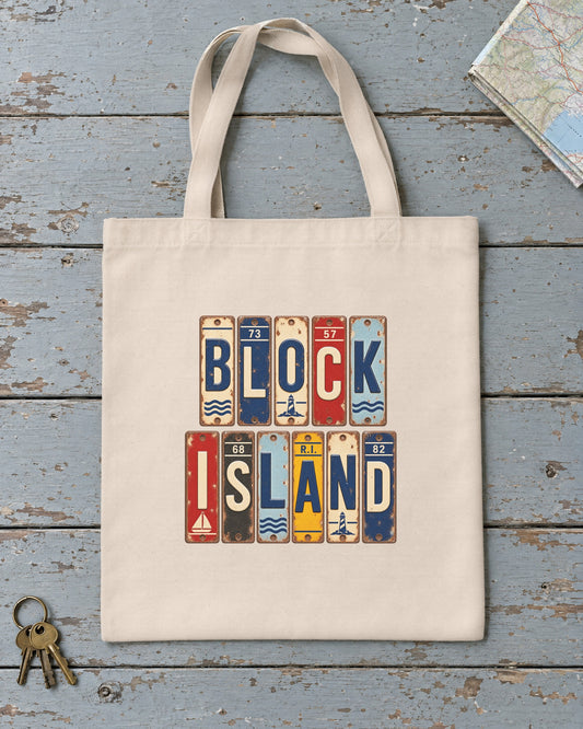 Block Island, Rhode Island vintage license plate tote bag in Natural