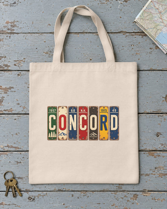 Concord, New Hampshire vintage license plate tote bag in Natural