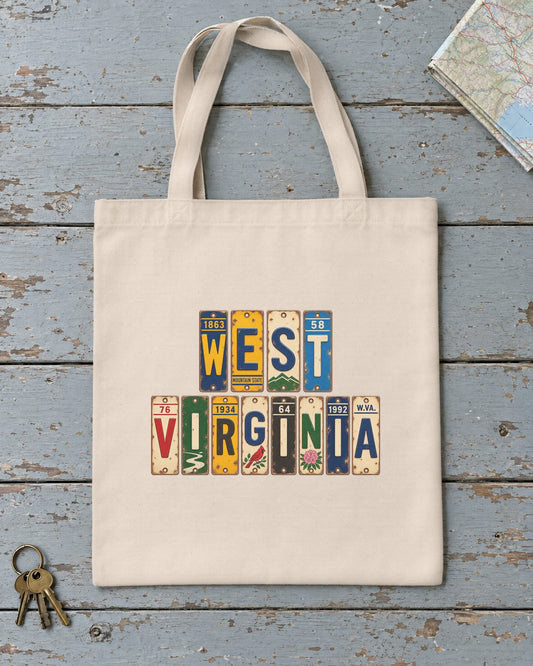 West Virginia vintage license plate tote bag in Natural