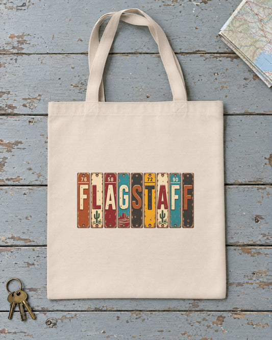 Flagstaff, Arizona vintage license plate tote bag in Natural