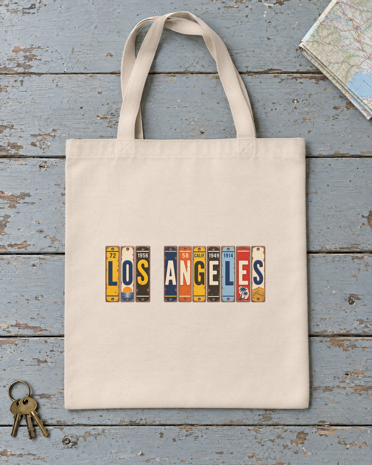 Los Angeles, California vintage license plate tote bag in Natural