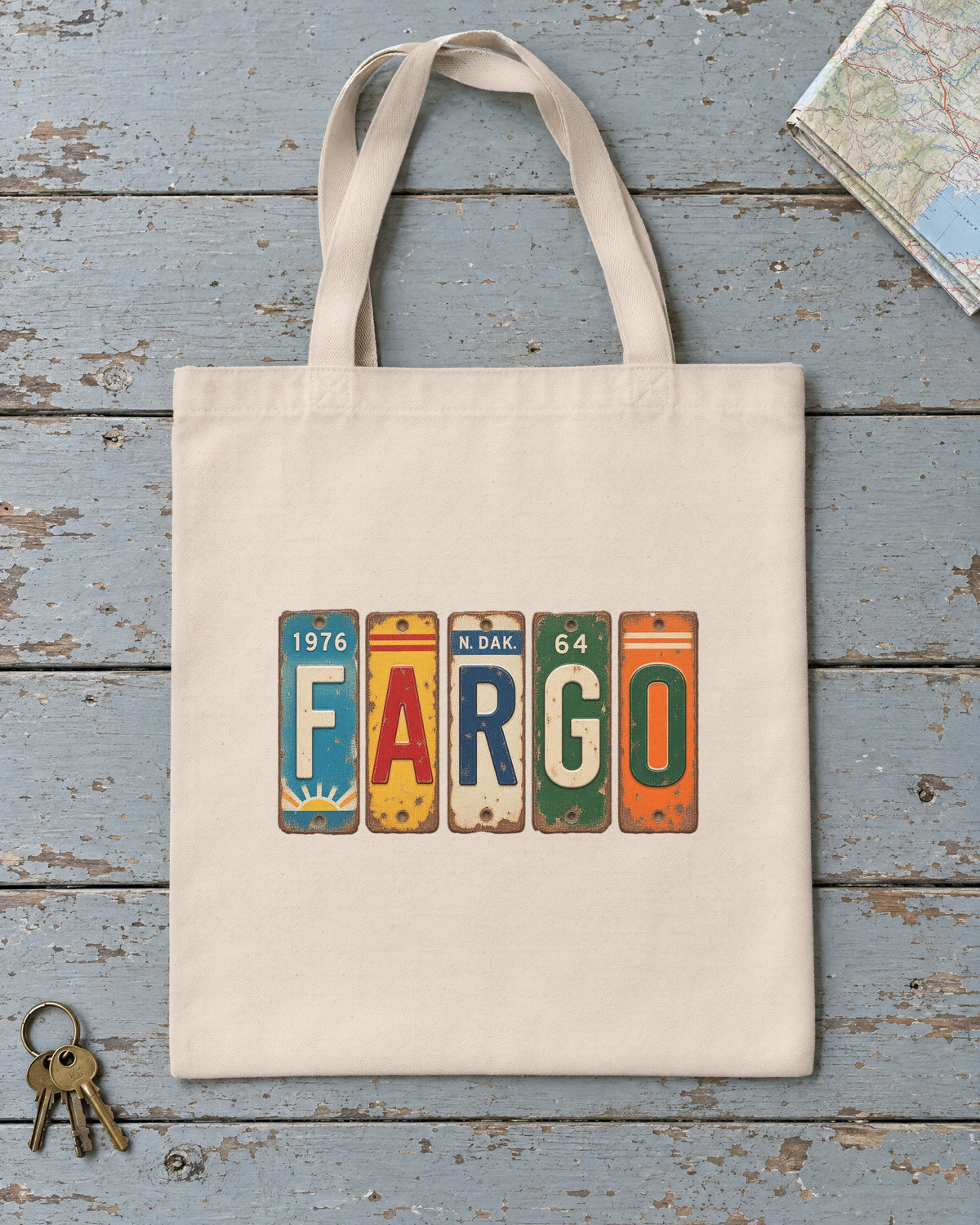 Fargo, North Dakota vintage license plate tote bag in Natural