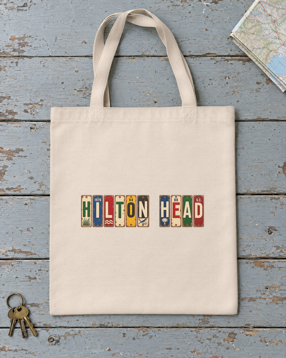 Hilton Head, South Carolina vintage license plate tote bag in Natural