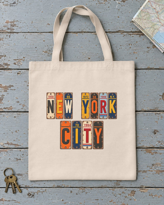 New York City, New York vintage license plate tote bag in Natural