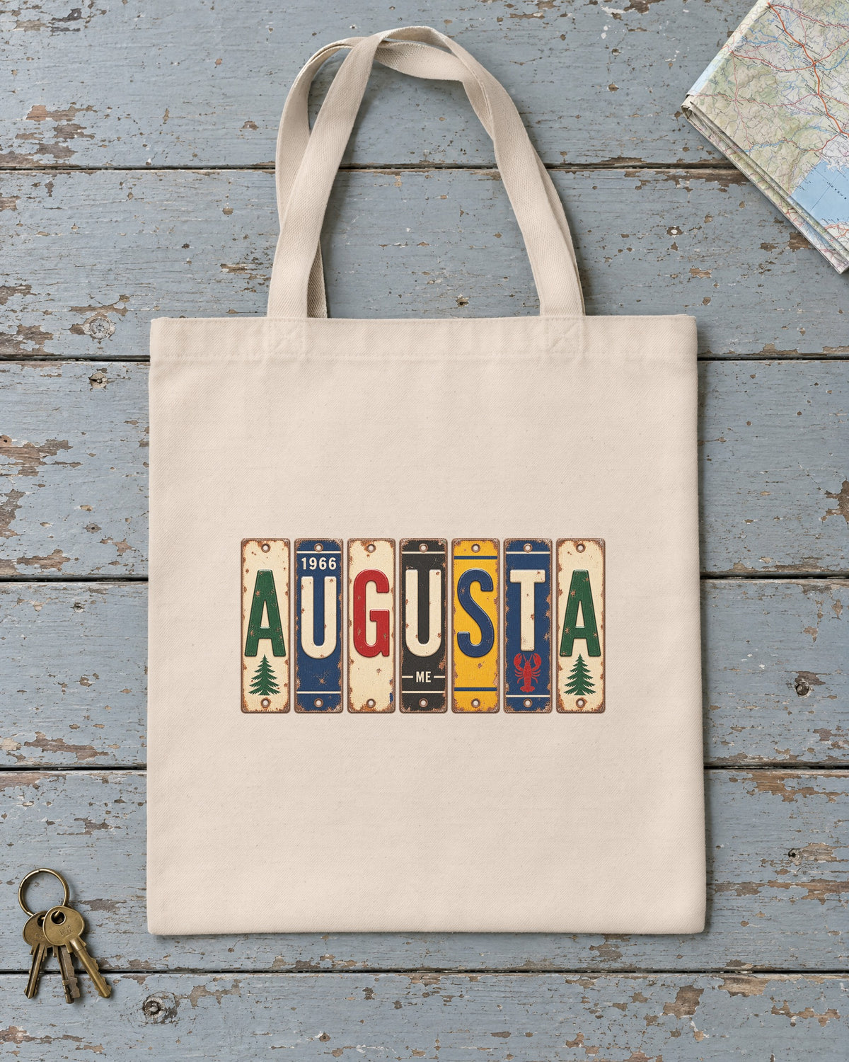 Augusta, Maine vintage license plate tote bag in Natural
