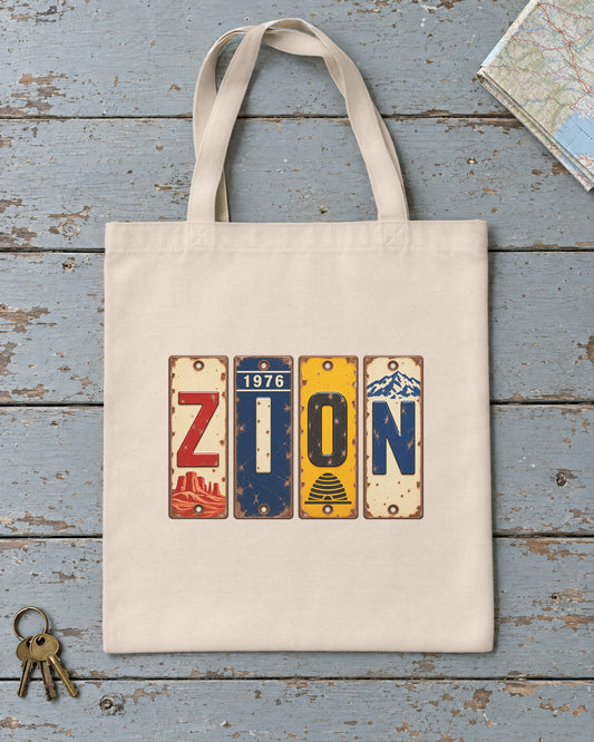 Zion, Utah vintage license plate tote bag in Natural