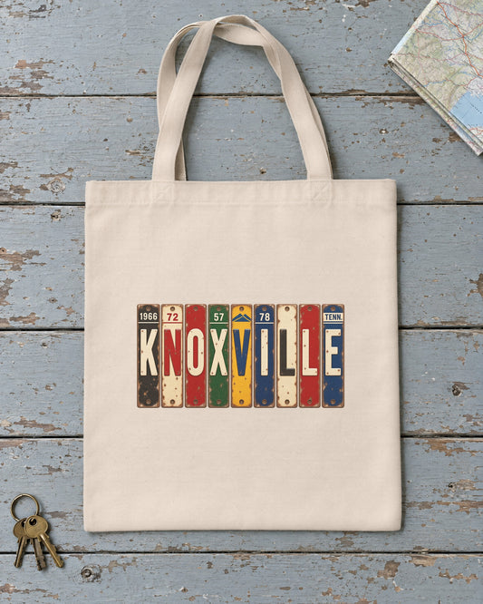 Knoxville, Tennessee vintage license plate tote bag in Natural