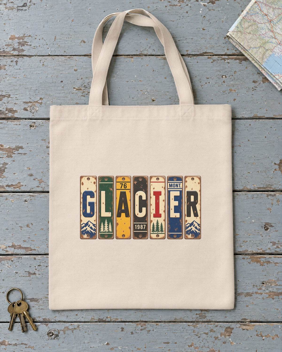 Glacier, Montana vintage license plate tote bag in Natural