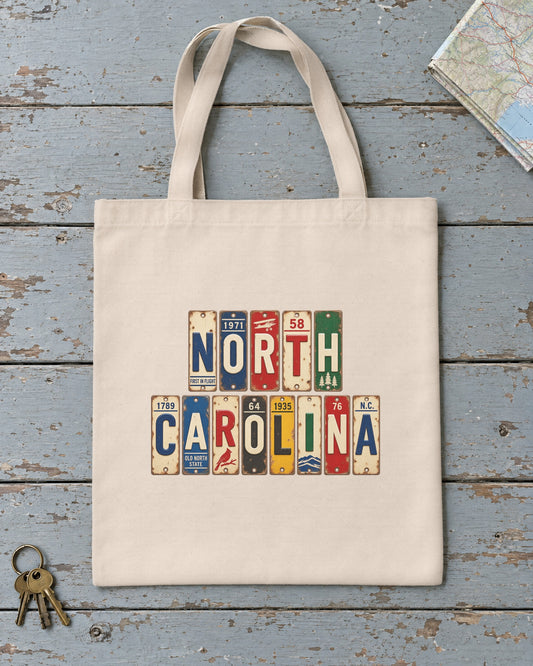 North Carolina vintage license plate tote bag in Natural